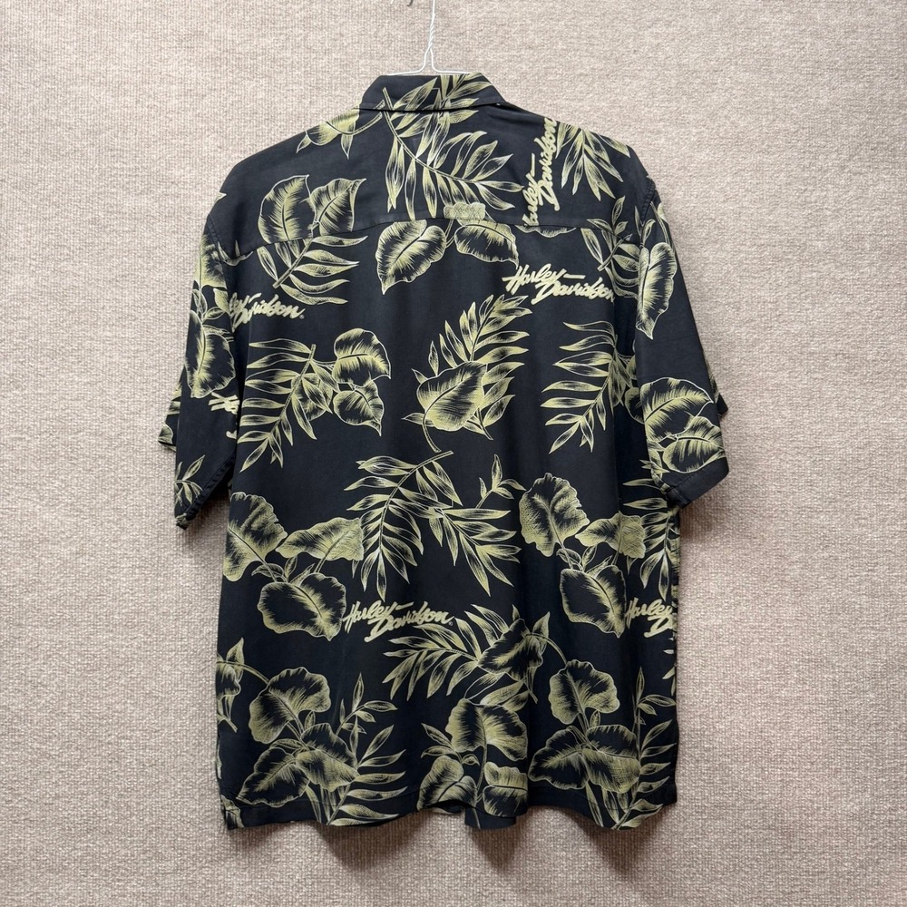 Harley Davidson Tori Richard Silk Shirt Mens Large Black Green Tropical Floral L - Picture 2 of 6